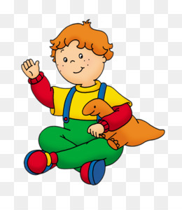 A cheerful cartoon boy with red hair, wearing a yellow shirt and green pants, sits cross-legged holding a small brown dog and waving.