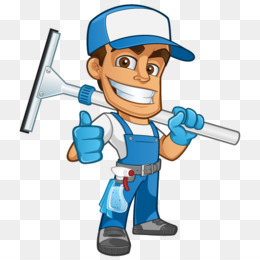 Smiling cartoon window cleaner in blue overalls holding squeegee and giving thumbs-up.