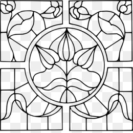 Black-and-white line art of a floral stained glass window design with central tulip motif and symmetrical leaf patterns.