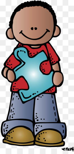 Smiling cartoon boy holding a large blue puzzle piece, wearing red shirt and jeans.