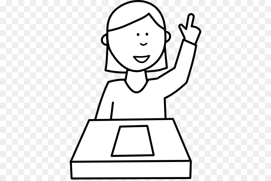 Smiling student raising hand at a desk, black-and-white line drawing.