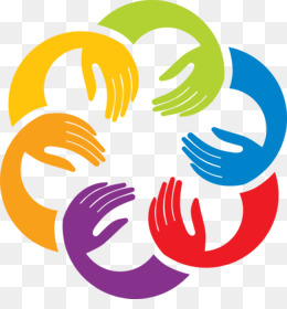 Six colorful hands interlocking in a circular pattern, symbolizing unity, diversity, and collaboration.