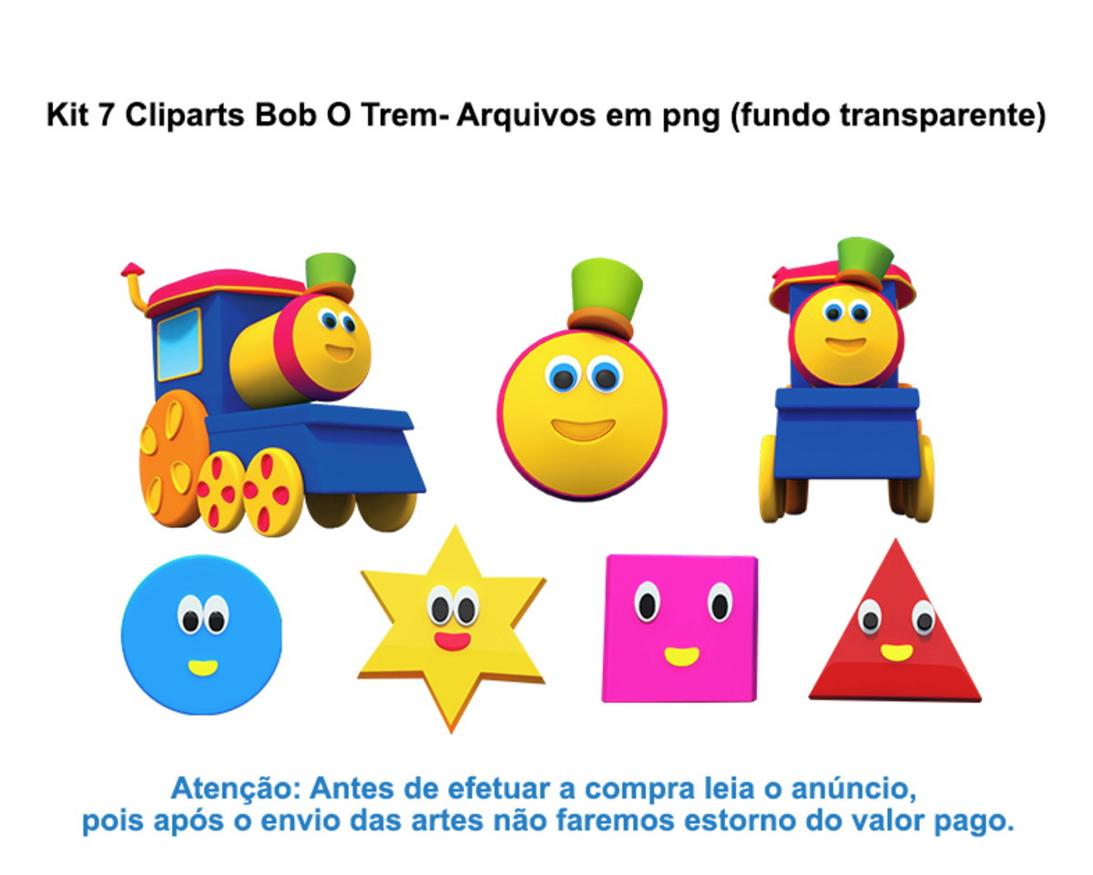 Bob the Train clipart kit with smiling train, face icons, and geometric shapes in PNG with transparent background.