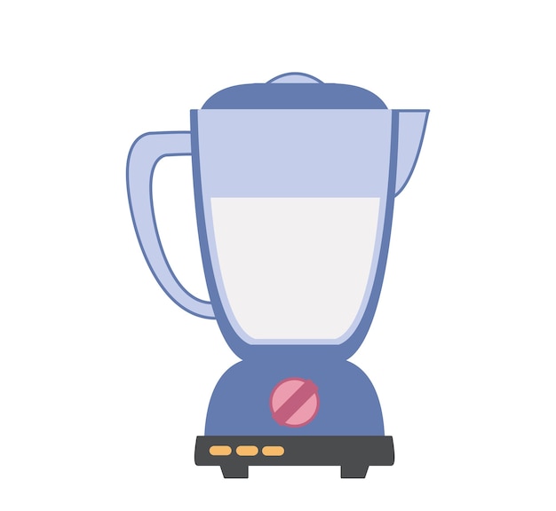 Blue electric blender with clear pitcher half-filled with white liquid, red power button, and control panel.
