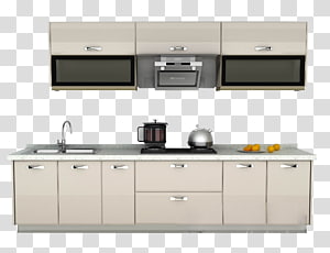 Modern beige kitchen with upper and lower cabinets, built-in microwave and oven, sink, and countertop appliances.