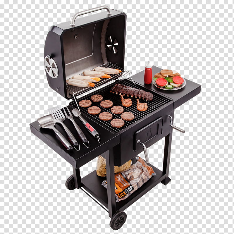 Black charcoal grill with burgers, ribs, corn, and tools on side tables, ready for outdoor cooking.
