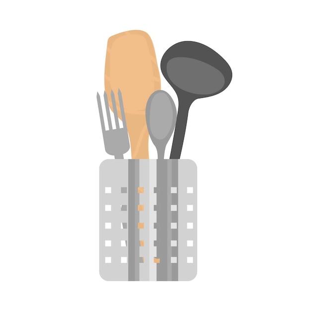 Kitchen utensils-wooden spoon, fork, spoon, ladle-in a gray perforated holder.