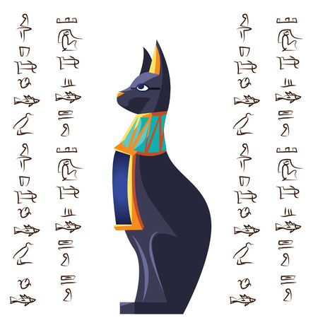 Bastet Goddess Illustration - Ancient Egyptian Cat Deity with Hieroglyphs