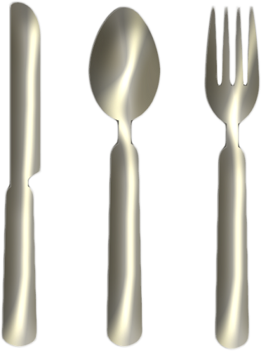 Shiny silver knife, spoon, and fork arranged vertically on a black background.