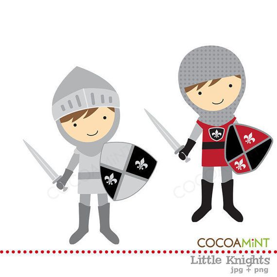 Two cartoon knight children in armor holding swords and shields with fleur-de-lis symbols.