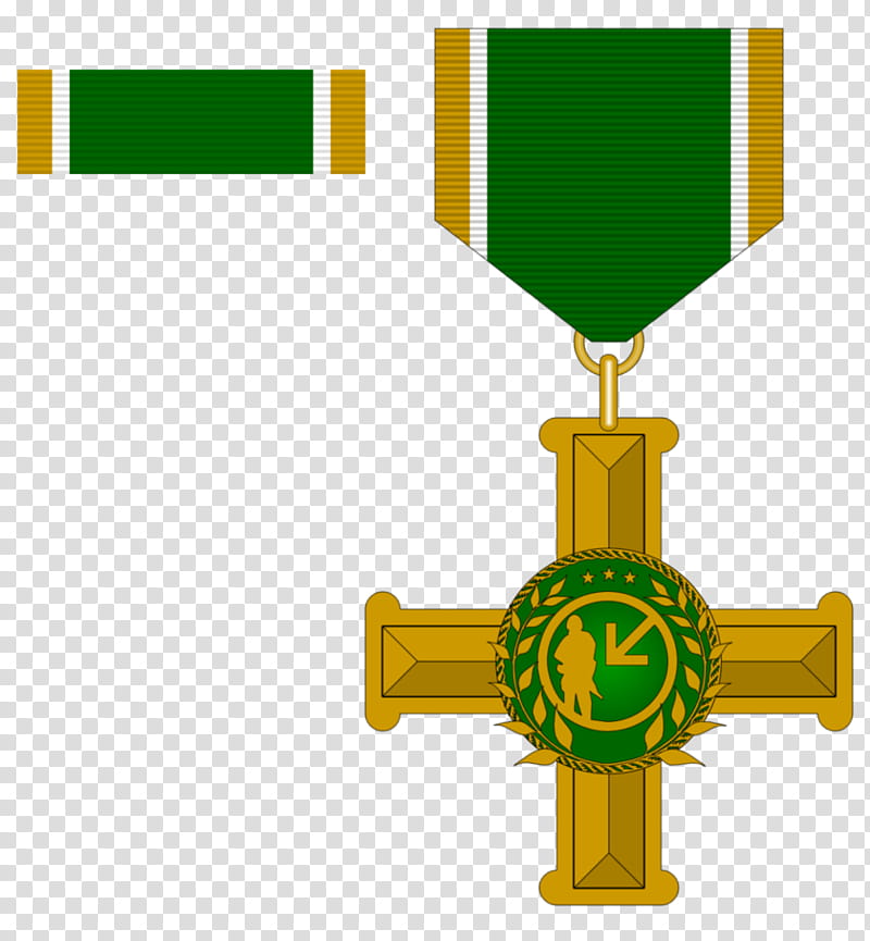 Gold cross-shaped military medal with green ribbon and central emblem featuring a soldier silhouette and wreath.