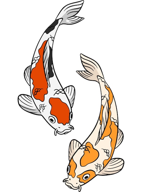 Two stylized koi fish swimming in opposite directions, one with orange and black markings, the other with orange and cream patterns.
