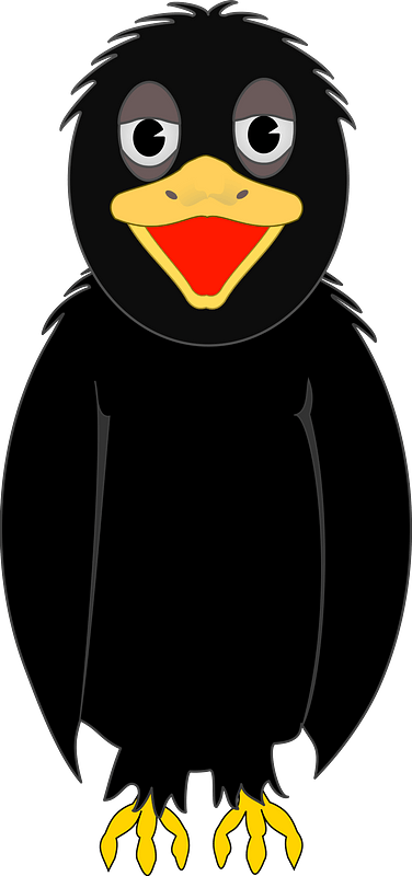 Cartoon black bird with yellow beak, red mouth, and wide eyes standing upright.
