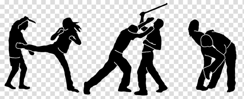Silhouettes demonstrating martial arts techniques: kick, stick defense, and joint lock on transparent background.