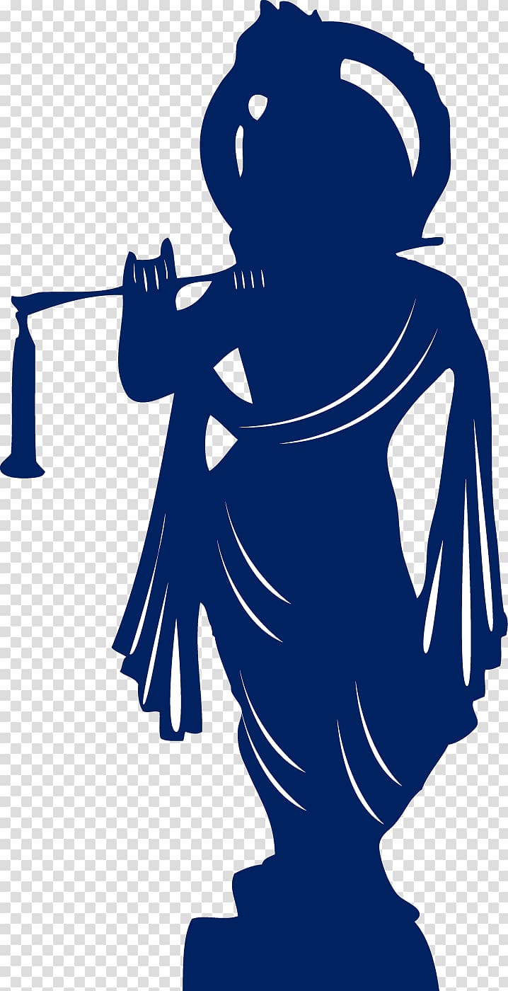 Silhouette of Lord Krishna playing the flute, depicted in deep blue with traditional attire and peacock feather crown.