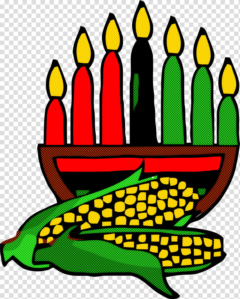 Kwanzaa kinara with seven candles (three red, one black, three green) and ears of corn in a traditional celebration illustration.