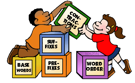 Two children building language blocks labeled Base Words, Prefixes, Suffixes, Word Order, and Contractions.