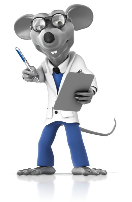 Cartoon mouse in lab coat holding clipboard and pen, wearing glasses, smiling professionally.