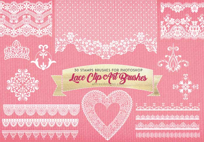 Collection of 30 white lace clip art brushes for Photoshop on pink background, including borders, hearts, crowns, and floral motifs.