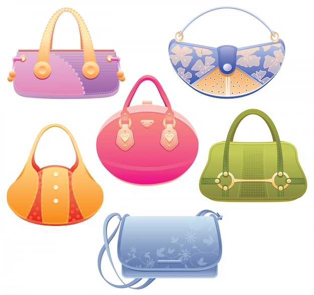 Six colorful handbags in various styles including tote, clutch, and shoulder bags with decorative details.