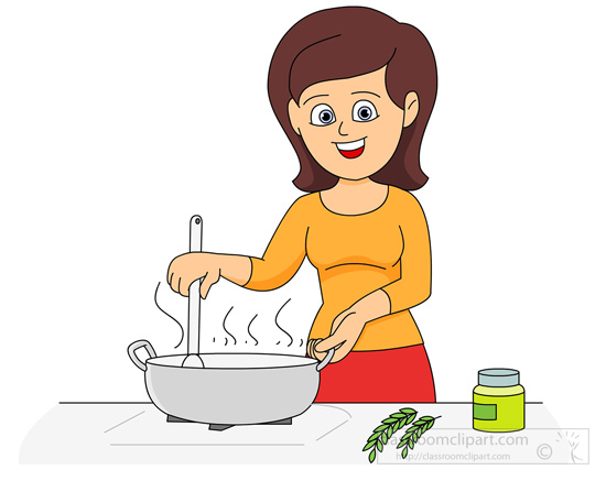 Woman in orange shirt stirring steaming pot on stove with herbs and spice jar nearby.