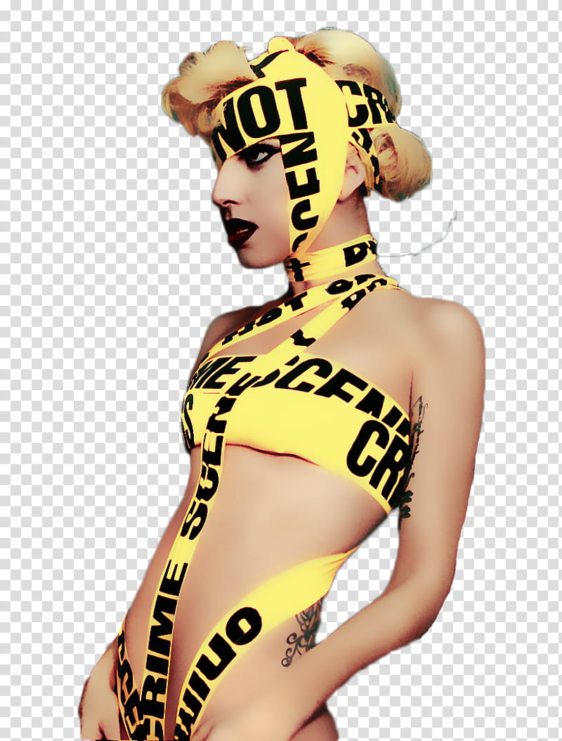 A stylized portrait of a person with blonde hair wrapped in yellow crime scene tape, wearing bold makeup and tattoos.