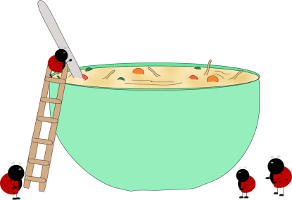 Ladybug on a Ladder Climbing into Giant Soup Bowl - Whimsical Food Illustration