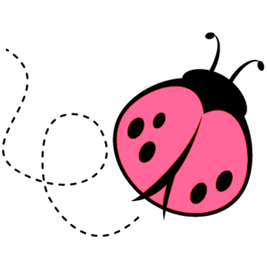 A cheerful pink ladybug with black spots, head, and antennae, illustrated in a simple cartoon style.