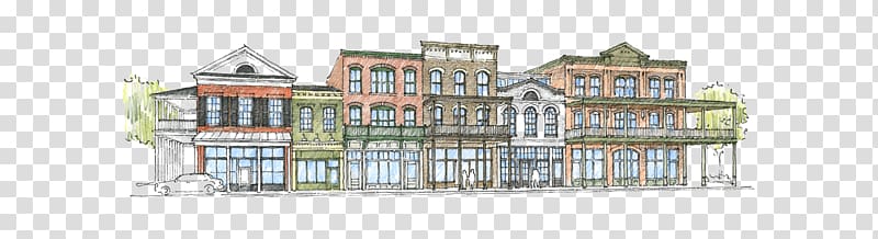 Hand-drawn architectural sketch of a historic downtown street with multi-story brick buildings, storefronts, and parked cars.
