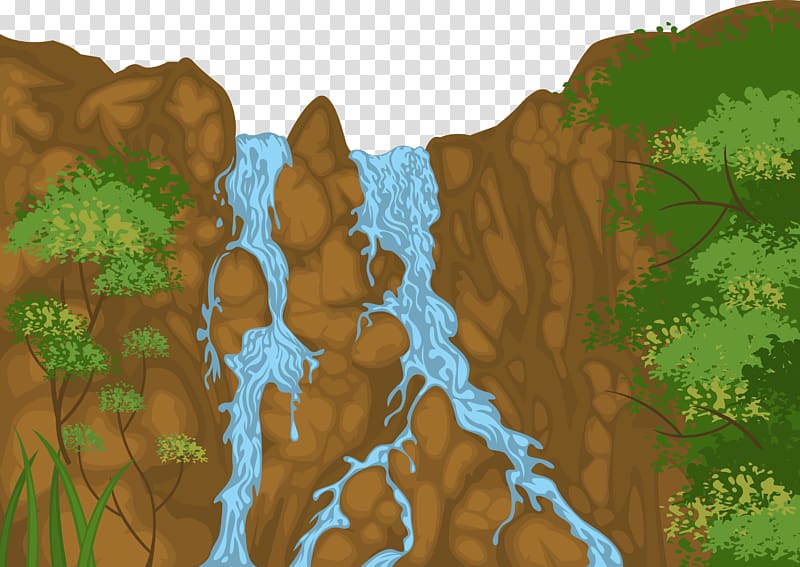 A cartoon-style waterfall cascading down brown rocky cliffs surrounded by lush green vegetation.