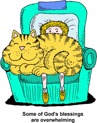 A smiling child with blonde hair sits in a teal armchair, snuggled under a large orange tabby cat that covers their body like a blanket.