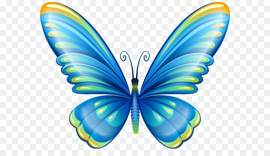 Vibrant blue butterfly with green and yellow wing accents, stylized illustration on transparent background.