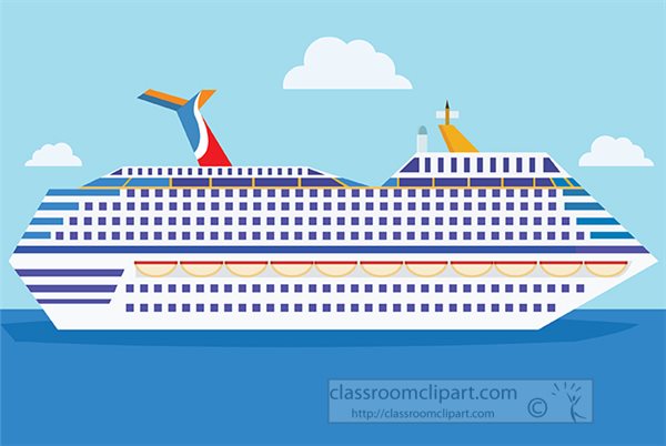 Colorful cartoon cruise ship sailing on blue ocean under a sunny sky with clouds.