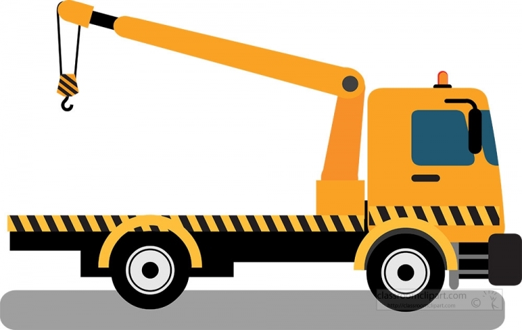 Yellow tow truck with crane arm and hazard stripes, hook dangling, flatbed design.