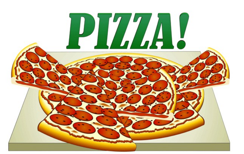 Pepperoni pizza with slices lifted, bold green "PIZZA!" text above, on a serving board.