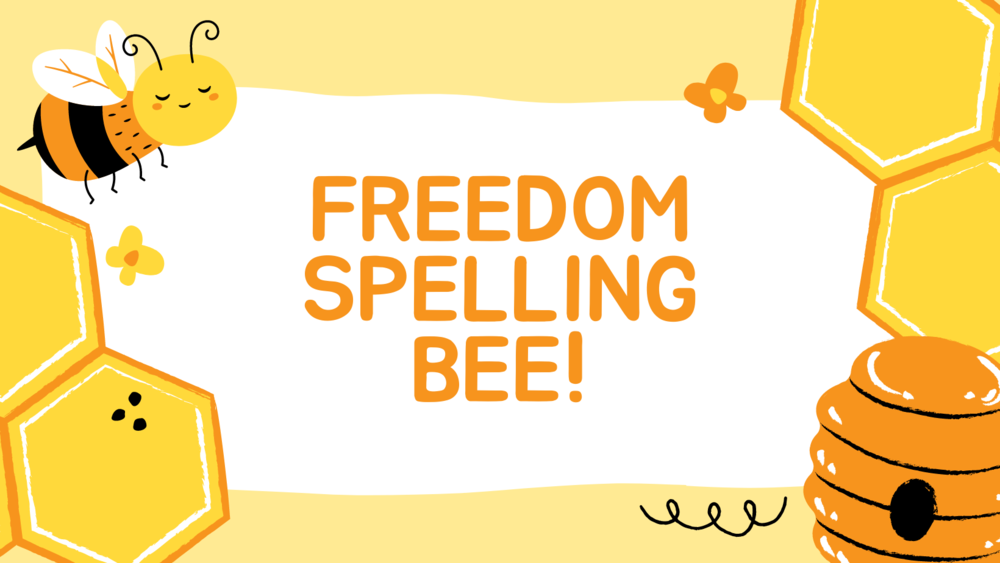 Cheerful cartoon bee flying near honeycomb with "Freedom Spelling Bee!" text on a yellow background.