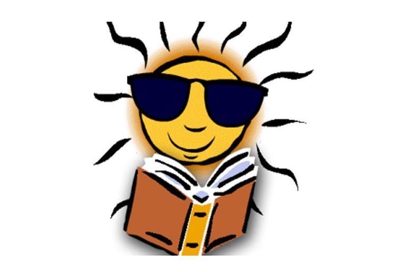 Sunny cartoon face wearing sunglasses, reading an open book with radiant sun rays.