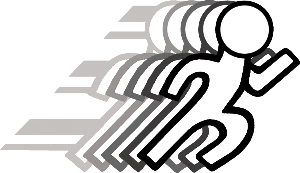 Stylized black running figure with gray motion trails conveying speed and progression.