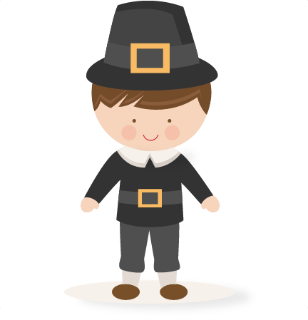 Cartoon pilgrim boy in black hat and outfit, smiling, standing on a base.