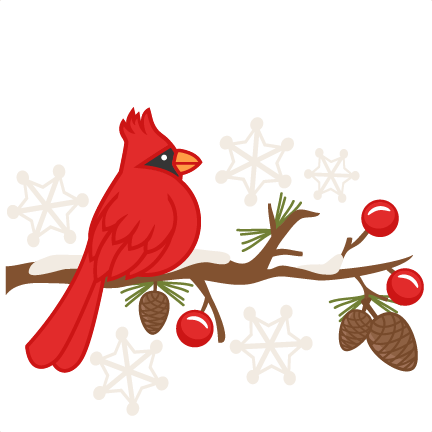 A vibrant red cardinal perches on a snowy evergreen branch adorned with pinecones, red berries, and white snowflakes.