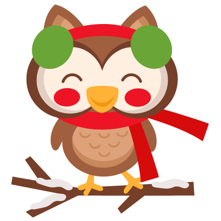 Cute cartoon owl wearing green earmuffs and red scarf, perched on a snowy branch with closed eyes and rosy cheeks.