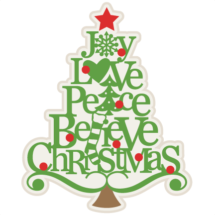 Festive green Christmas tree graphic with words Joy, Love, Peace, Believe, Christmas and red ornaments and star.