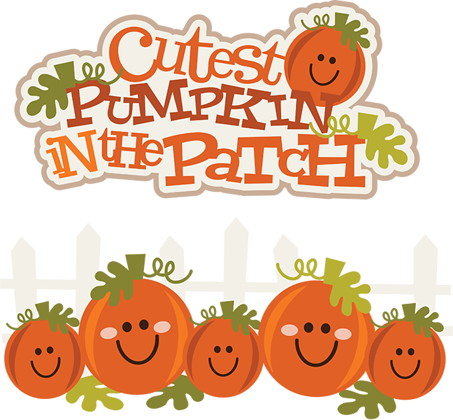 Smiling cartoon pumpkins with green stems under a "Cutest Pumpkin in the Patch" sign.