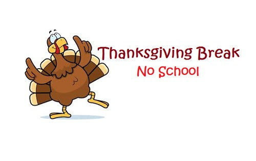 Cartoon turkey celebrating Thanksgiving break with "No School" text.