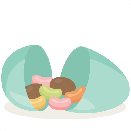 A pastel green eggshell split open, revealing colorful jelly beans inside-pink, brown, green, orange, and yellow.
