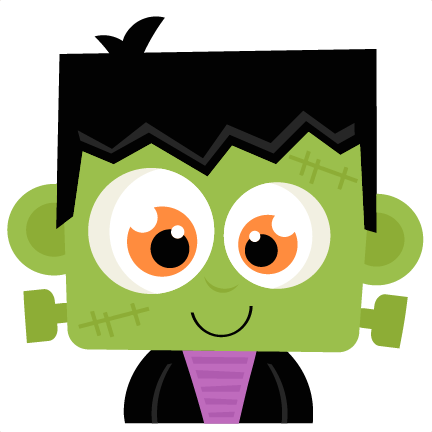 Cute cartoon Frankenstein monster with green skin, big orange eyes, black hair, and purple shirt.
