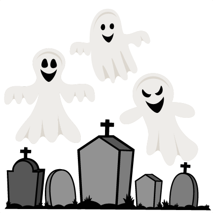 Three smiling cartoon ghosts hovering above a graveyard with tombstones and crosses.