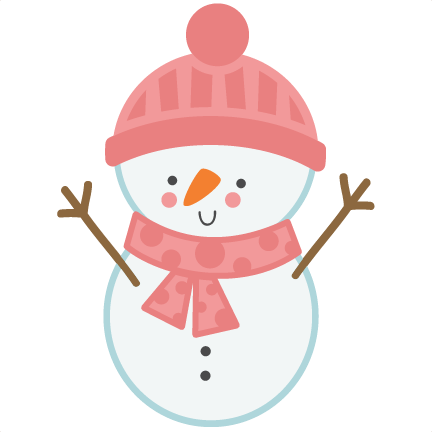 Cheerful cartoon snowman wearing a pink knit hat and polka-dot scarf with stick arms and carrot nose.