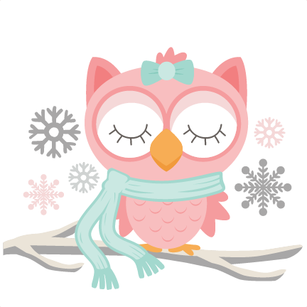 Pink cartoon owl with closed eyes, mint scarf, and bow, perched on a branch amid snowflakes.