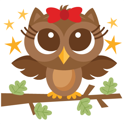 Cute cartoon owl with red bow perched on a leafy branch, surrounded by yellow stars.